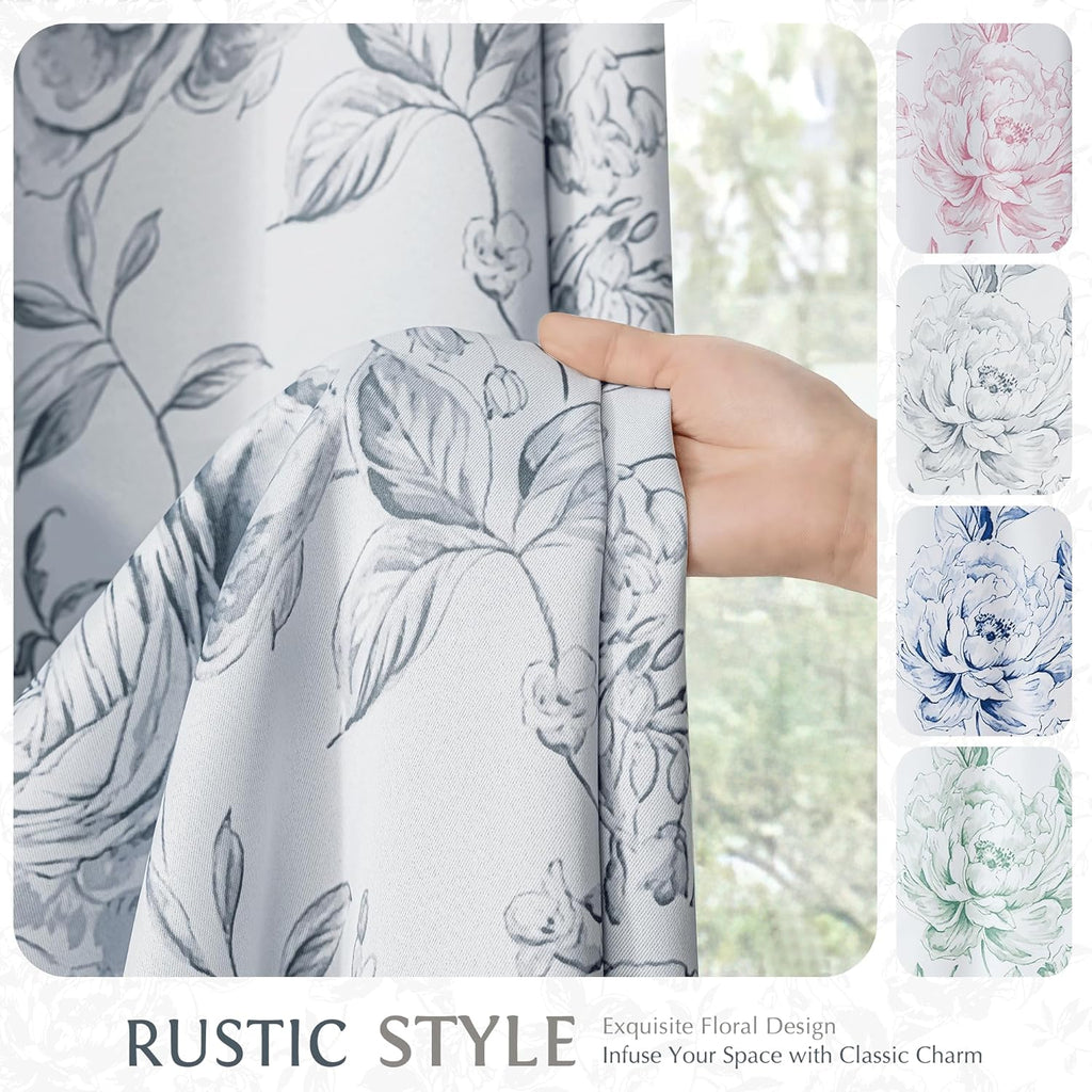 Floral 100% Blackout Curtains 84 Inches Long 2 Panels for Bedroom Living Room Grey White Farmhouse Rose Flower