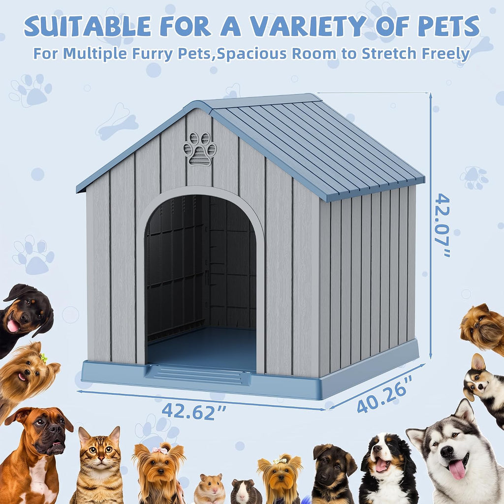 43 Inch Large Dog House Outdoor/Indoor, Plastic, Blue