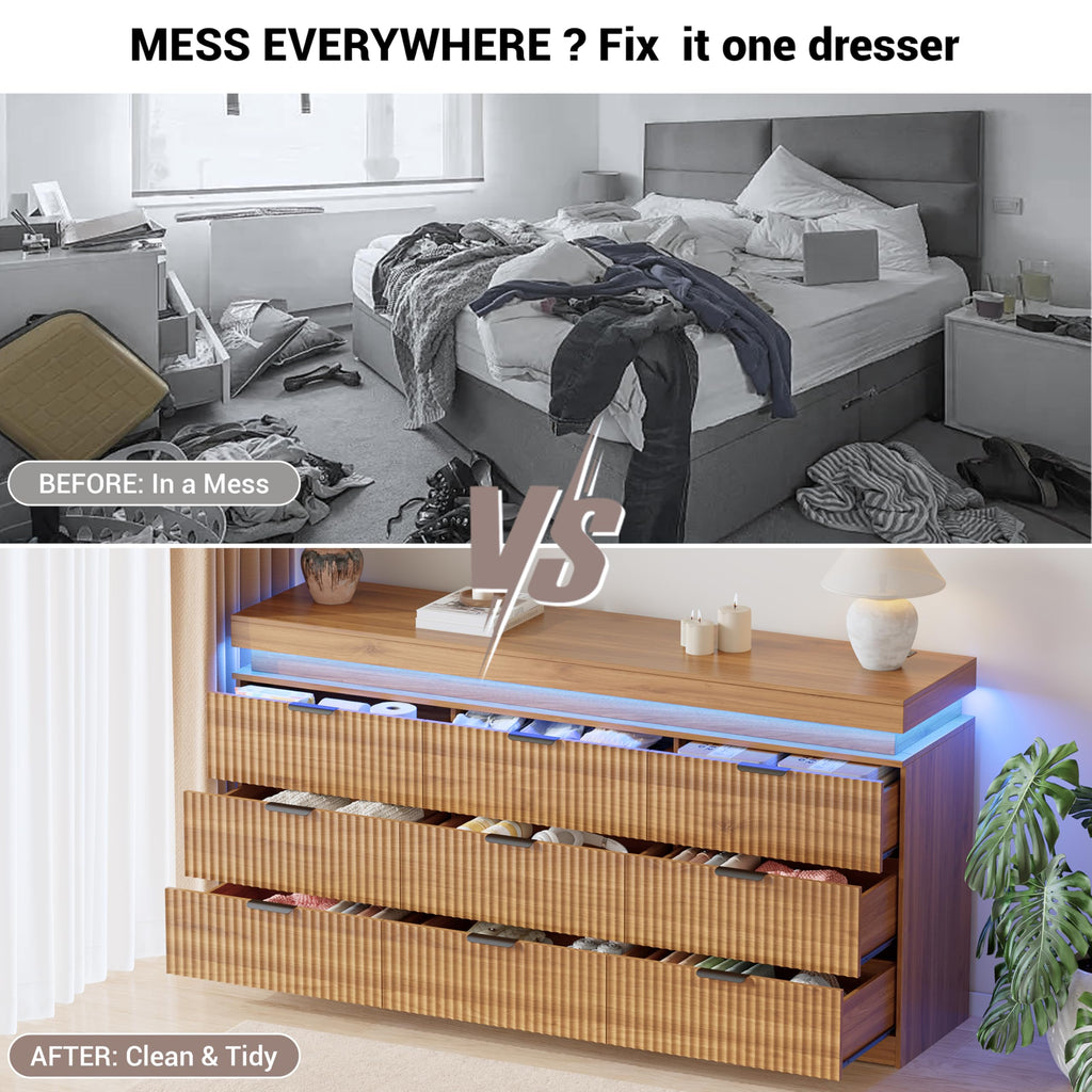 Fluted 9 Drawer Dresser with Charging Station, Walnut