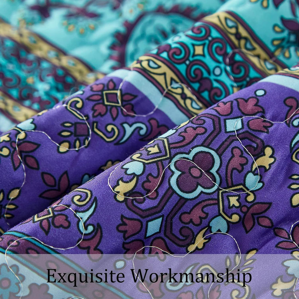 Boho Queen Quilt Set, Blue Bohemian Queen Quilt Bedding Set, Lightweight Microfiber Bed Decor Bedspread for All