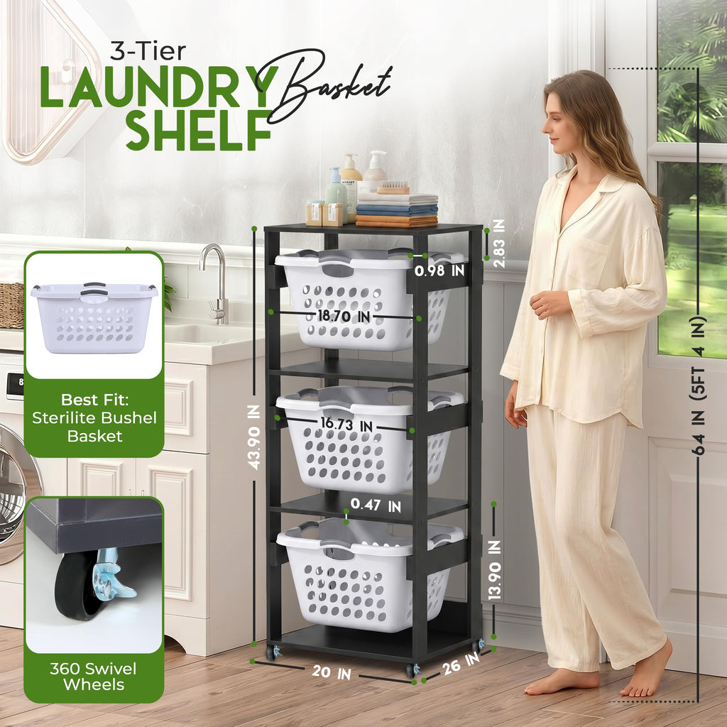 Laundry Basket Holder Shelf, Stackable Laundry Sorter, Slate Grey, 3 Tier