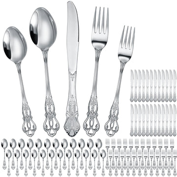 120 Pcs Silver Stainless Steel Flatware Set, Retro Vintage Silverware with Forks Spoons Knives Mirror Polished