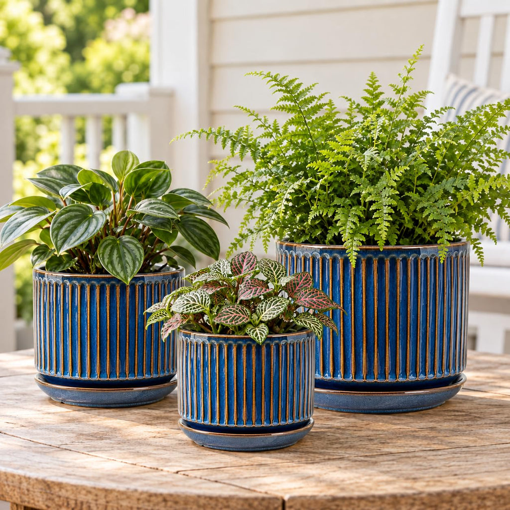 Ceramic Plant Pots Set of 3, 4.3+5.5+6.8 Inch Indoor Outdoor Planters with Drainage Hole and Saucer, Ceramic Flower