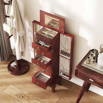 Standing Jewelry Armoire Cabinet, Wooden Storage Chest (Cherry)