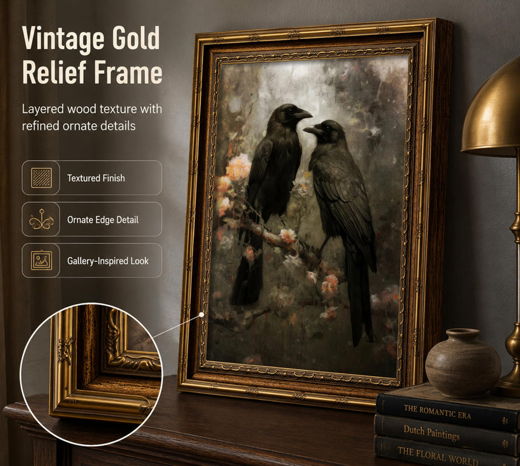 Vintage Gold Framed Crow Wall Art, Gothic Raven Floral Canvas Prints, Dark Academia Aesthetic Bird Wall Decor, Moody