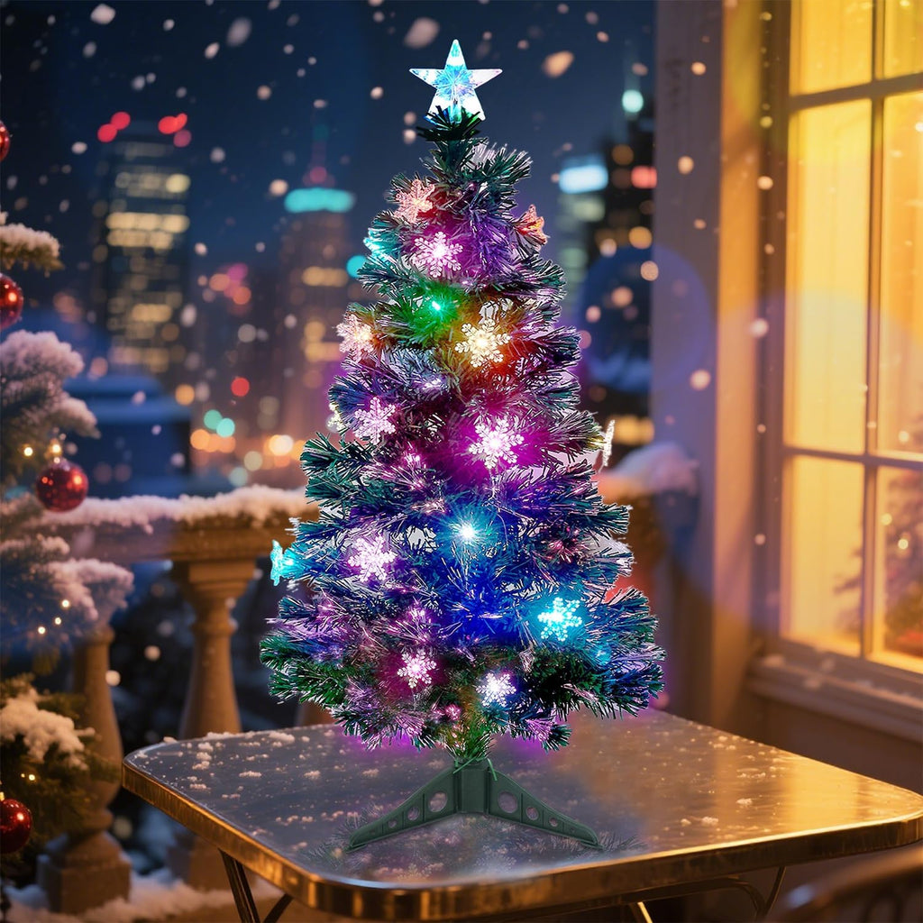 3 ft Pre-Lit Green Artificial Christmas Tree, Lighted Optical Fiber Table Mini Xmas Trees with Color Changing Lights