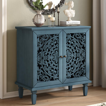 Antique Blue Sideboard Buffet Accent Cabinet with 2 Carved Doors