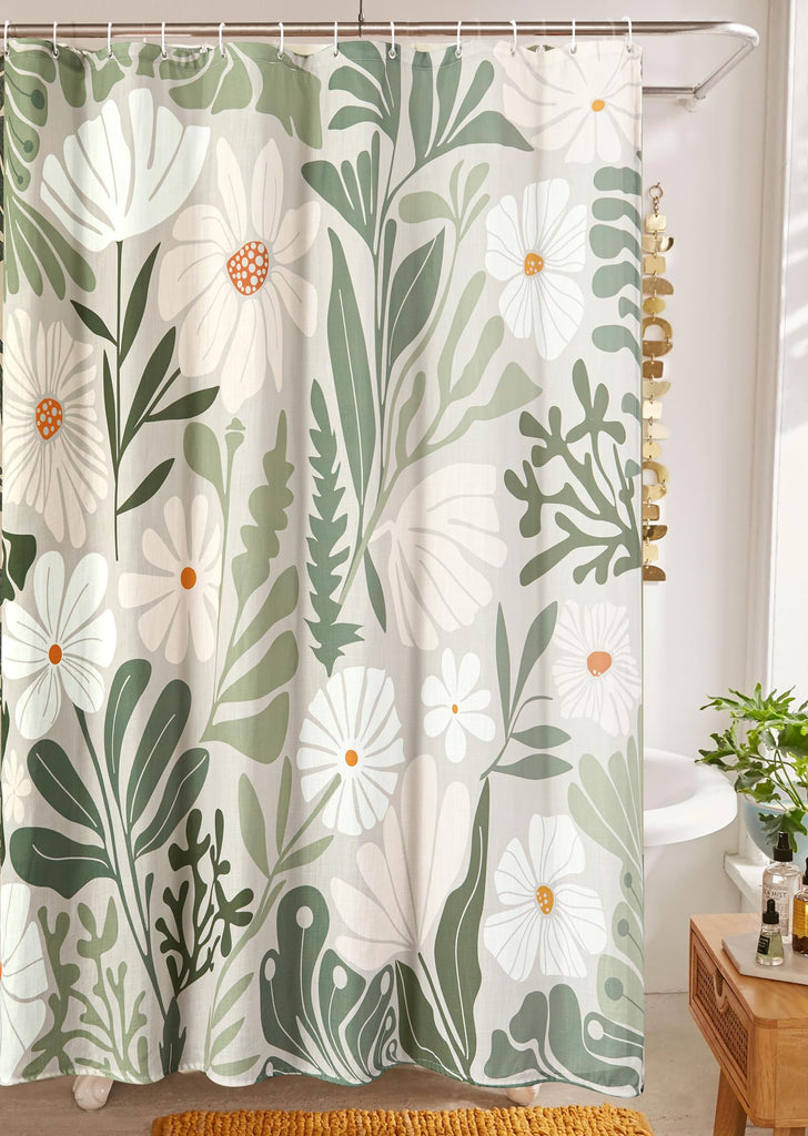Cute Green Faux Linen for Aesthetic Bathroom Decor - Heavy Duty Modern Floral Matisse Spring Summer Flowers