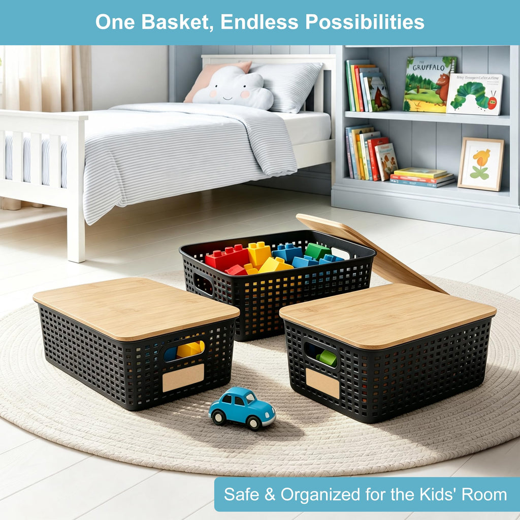 Small Plastic Storage Bins with Bamboo Lids 5.2qt Stackable Box Basket Pantry Decorative Containers Cute with Lable