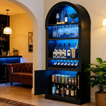71" Arched Fluted Wine Bar Cabinet with LED Light and Wine Rack (Black) | Coffee Bar Cabinet Liquor Cabinet Motion