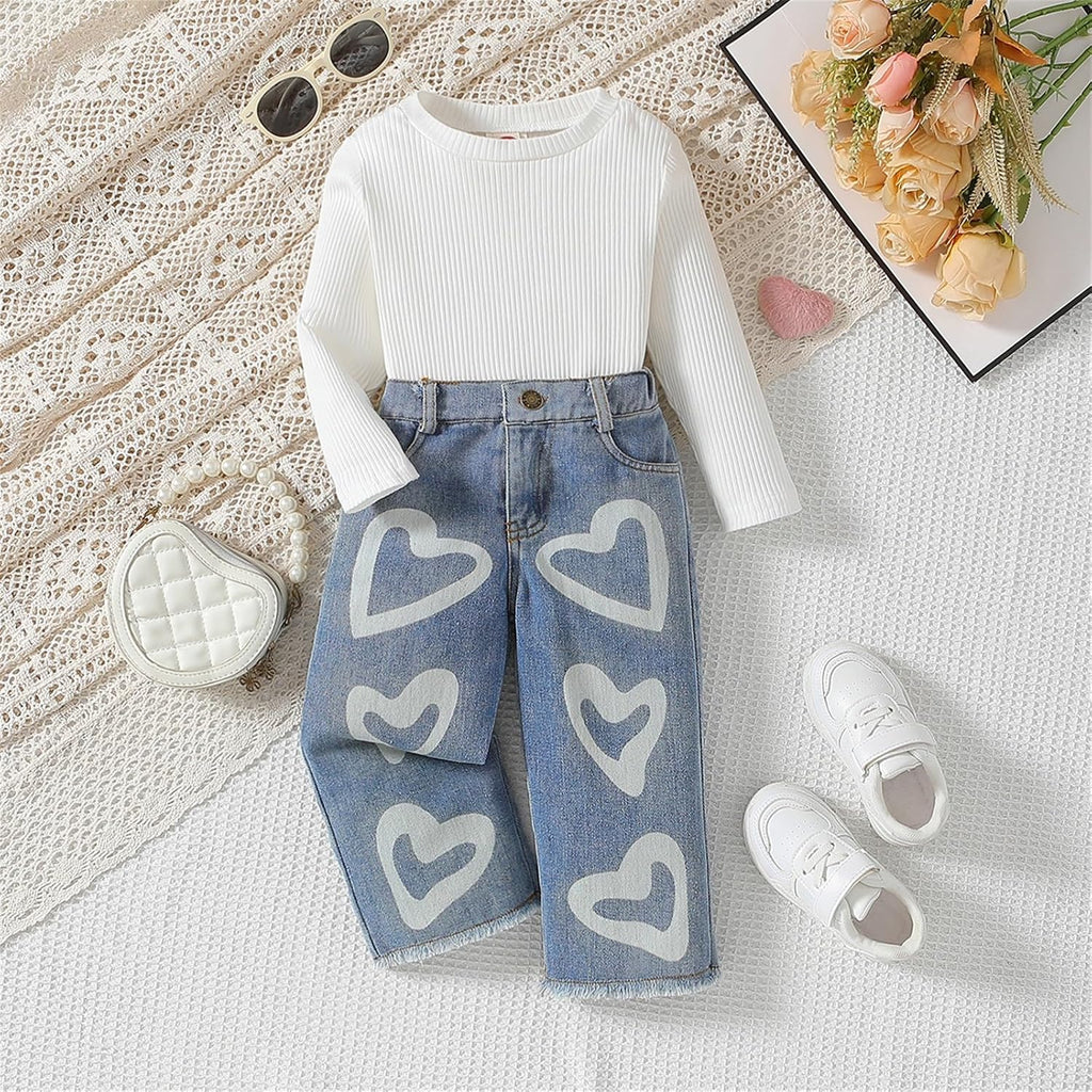 Toddler Girls Clothes 6T Ribbed Baby Kids Girl Denim Outfits Long Sleeve Tops Love Hearts Jeans Pant