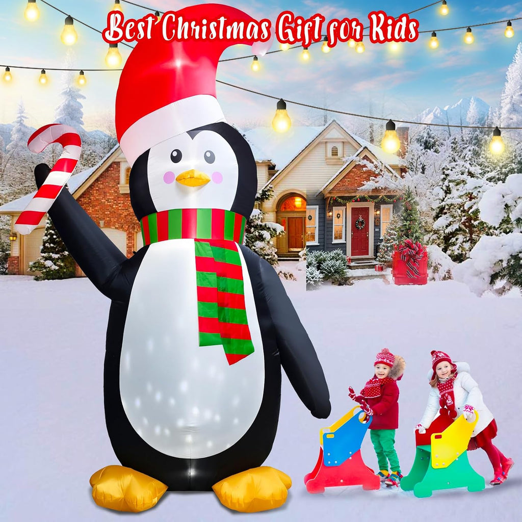[Flash Light] 12FT Giant Christmas Inflatable Penguin Wear Santa Hat & Scarf Hold Candy Cane Decoration, Christmas