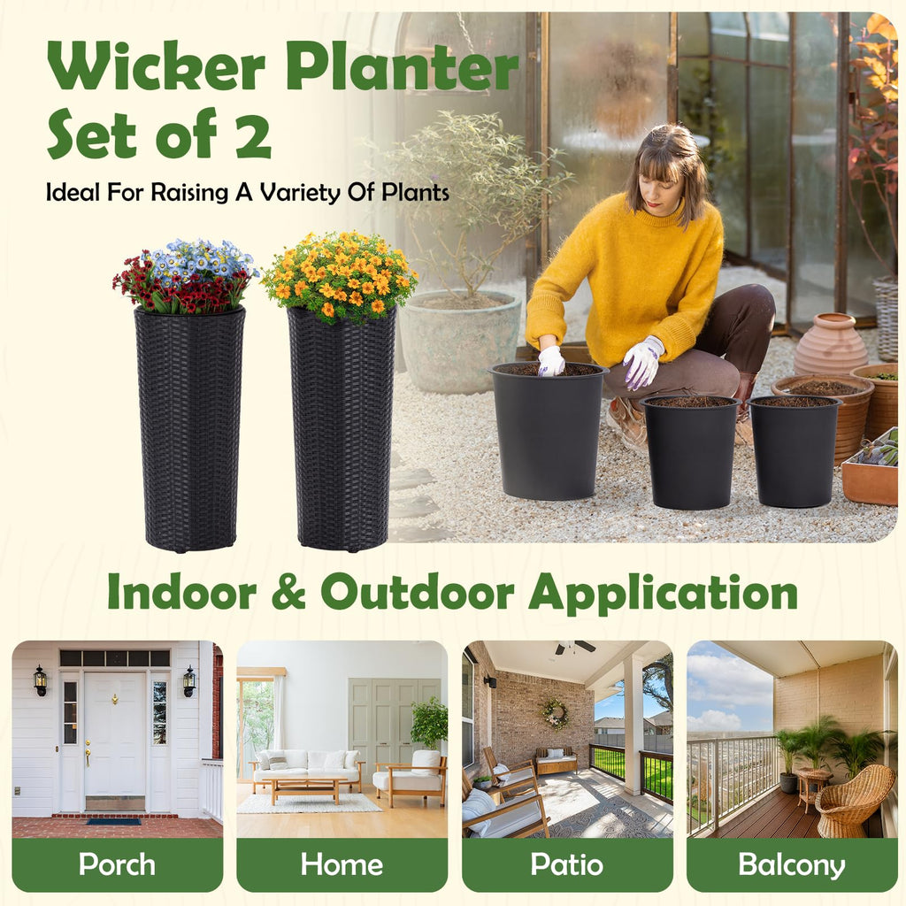 2PCS Rattan Wicker Planters for Outdoor, 24-Inch Tall, Round Black