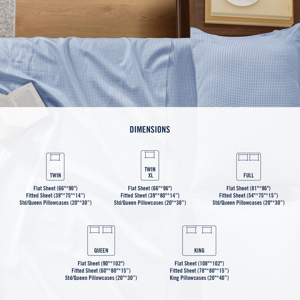 Twin Bed Sheet Set, 100% Cotton Sateen Silky, Blue Gingham, Soft, 3Pc