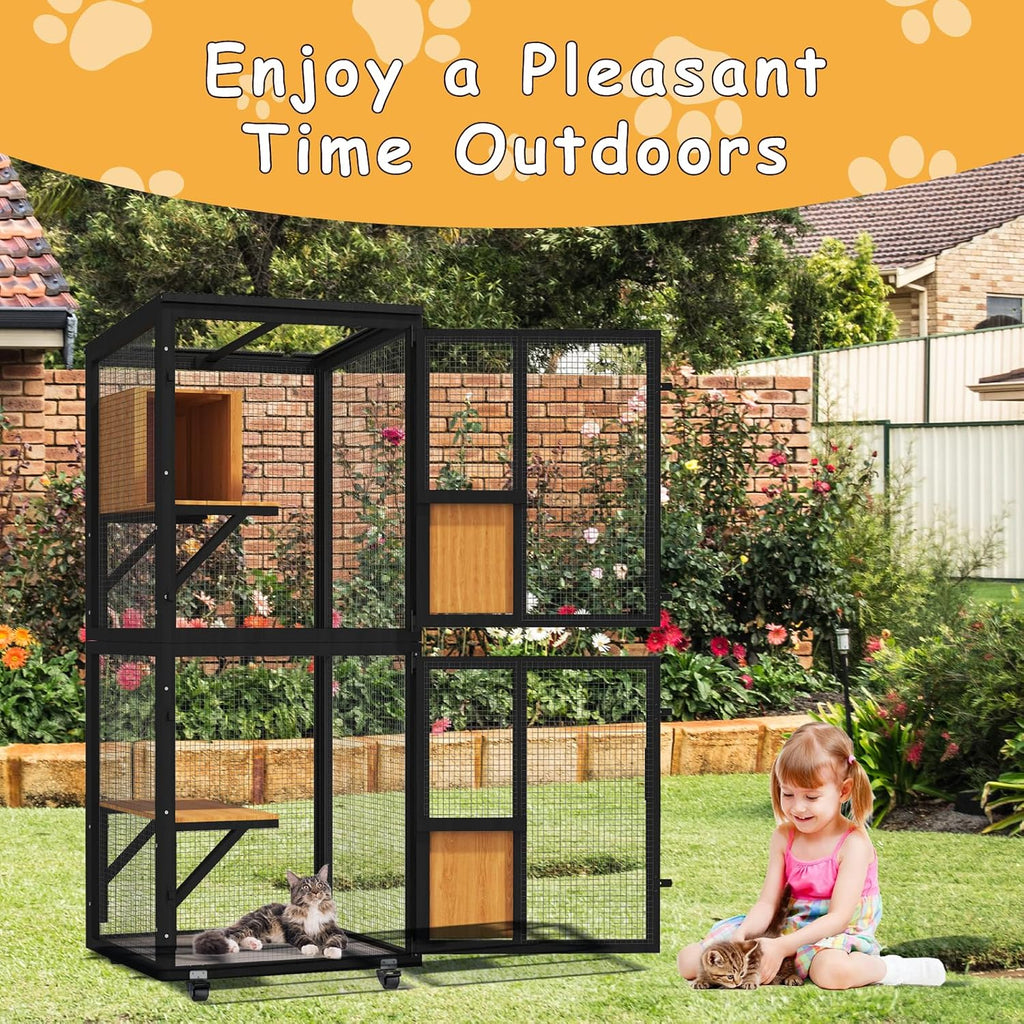 4 Tiers Catio Outdoor Cat Enclosure, Indoor Cat House with 4 Wheels, Black