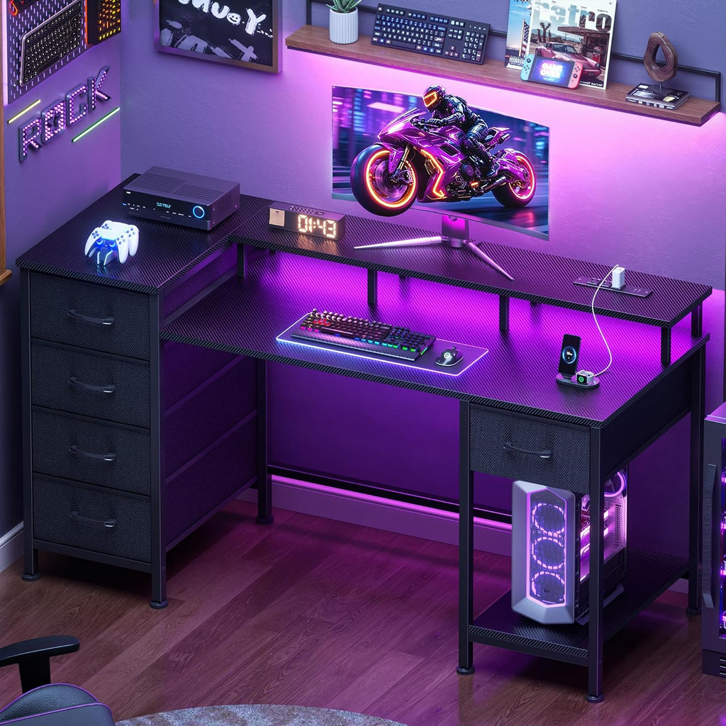 47 Inch Computer Gaming Desk with Power Outlets & LED Lights Reversible Home Office Desk with Adjustable 5 Fabric