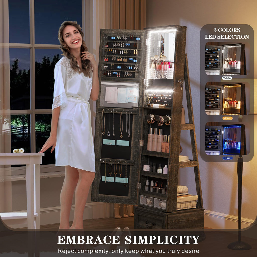 Jewelry Cabinet with Full Length Mirror, Lockable, Swivel, Brown