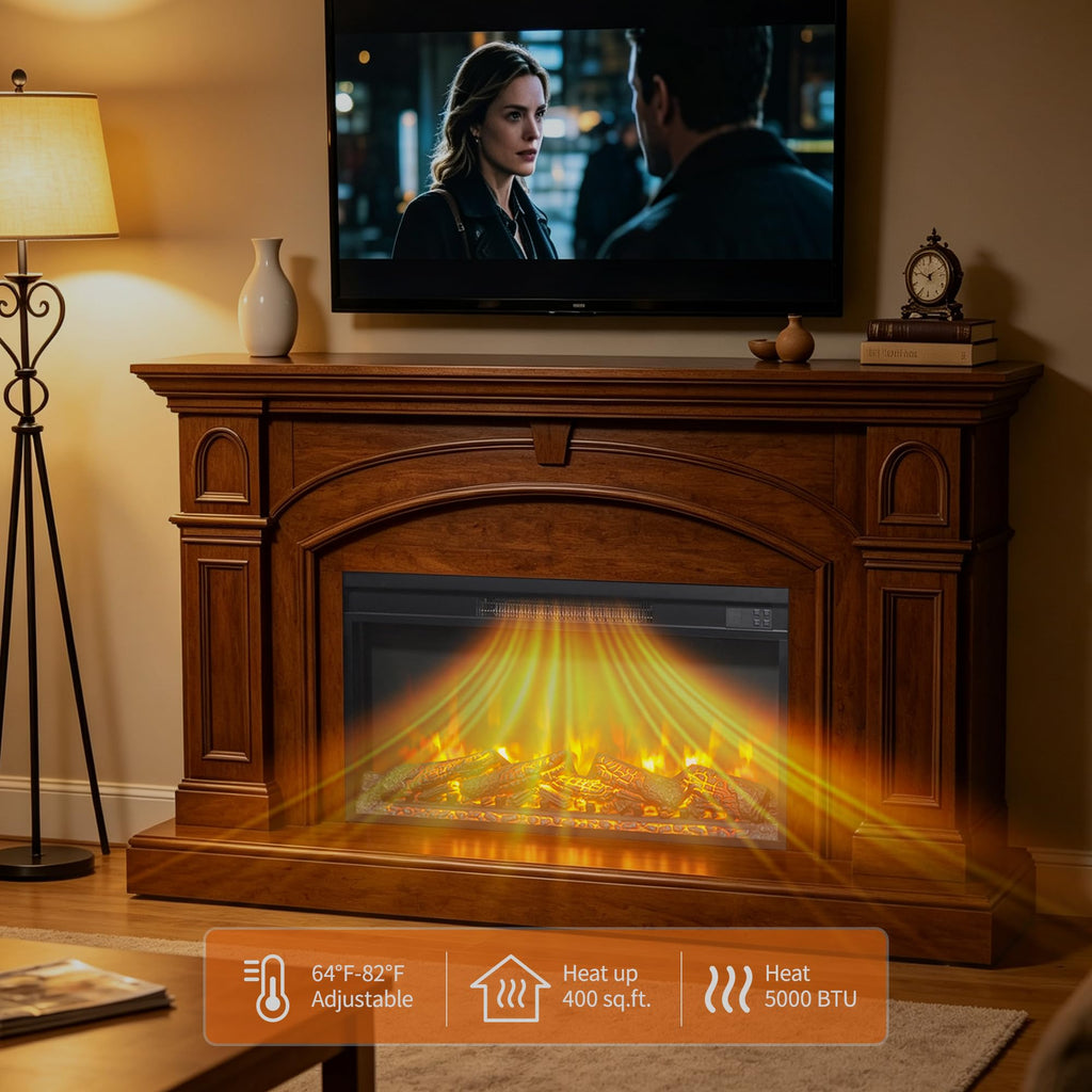 30" Electric Fireplace Insert, Realistic Flame & Log Set, 4-Level Brightness, 1400W Fireplace Heater with Thermostat