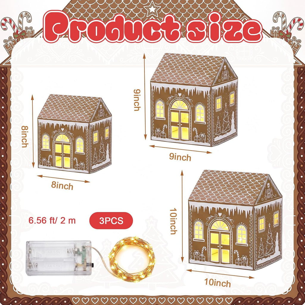 3 Set Gingerbread House Lighted Gift Boxes for Christmas Gingerbread Village Boxes with 3 LED Lights Light Up Present