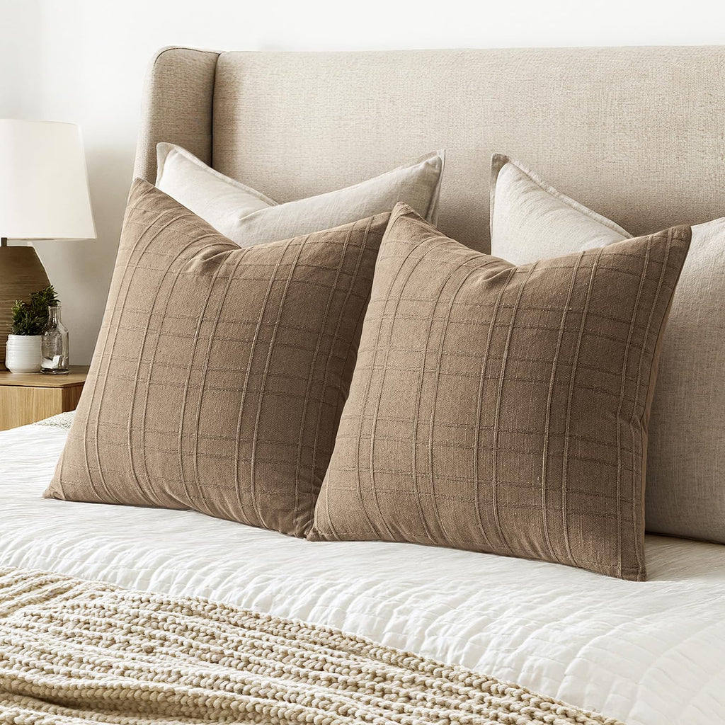 Linen Plaid Pillow Covers Fall Decorative 20x20 Light Brown