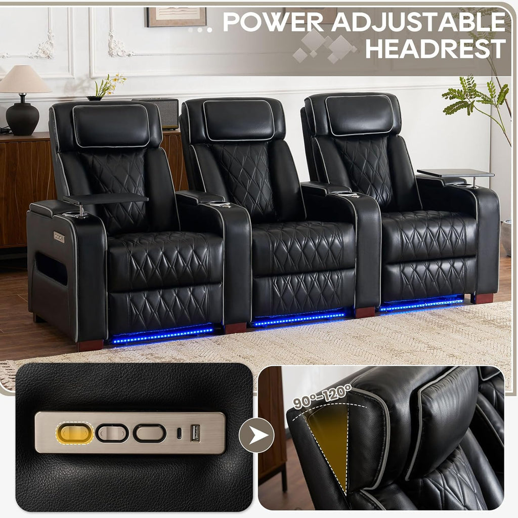 Luxury Home Theater Seating - Power Recliner with Adjustable Headrests, Blue LED Ambient Lighting, Tray Table