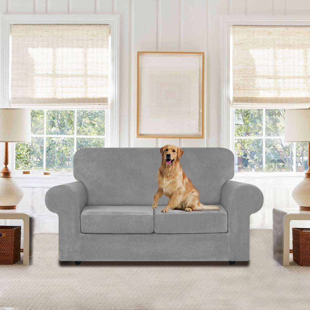 Velvet Stretch 3 Pieces Couch Cover for Sofa Washable, Silver Grey