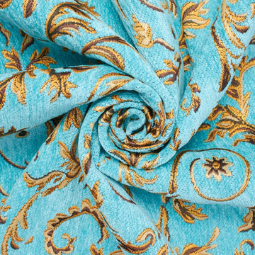 Floral Scroll Metallic Chenille 57" Heavyweight Upholstery Jacquard Polyester Fabric by The Yard (Turquoise/Gold, 1