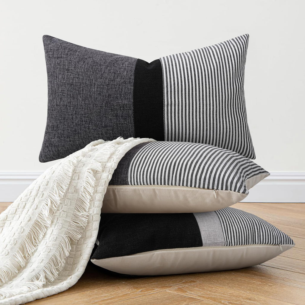 Set of 2 Stripe Pillow Covers 12x20 Inch Patchwork Farmhouse Decor