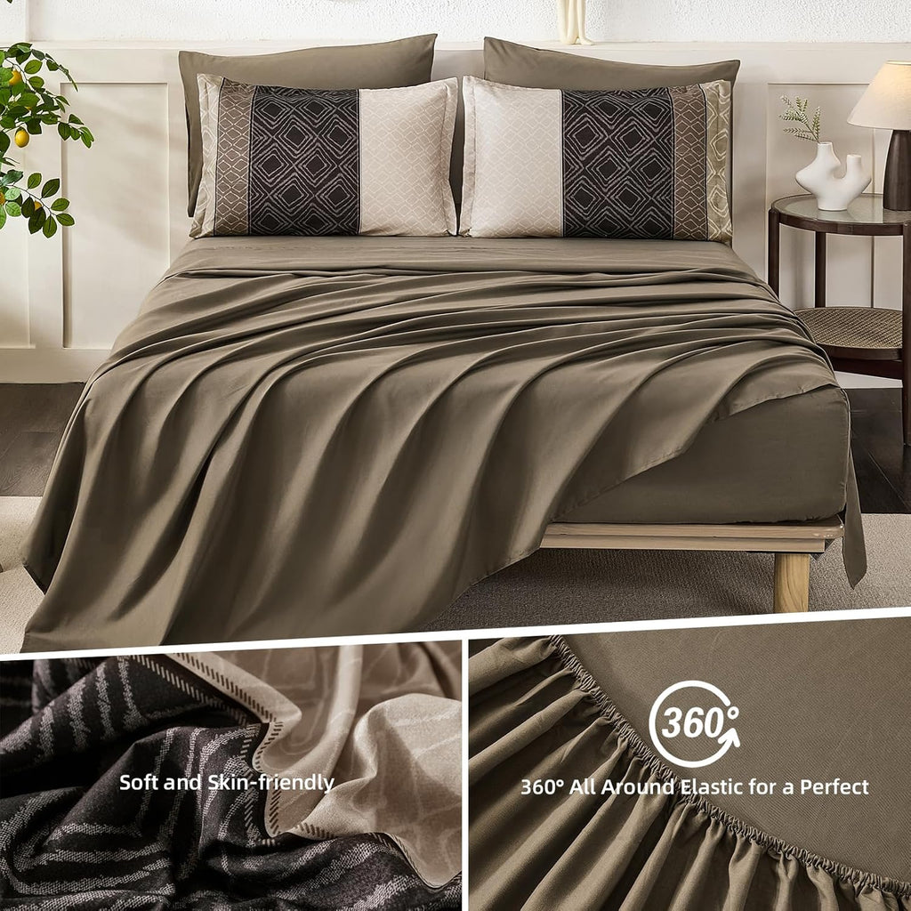 Dinjoy Boho Queen Comforter Set Light Brown,7 Piece Bed in a Bag Queen Warm Striped Bedding Sets with Plaid Fall