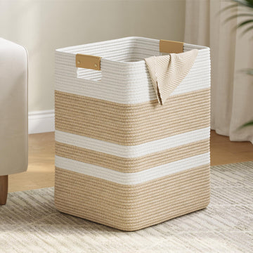90L Laundry Basket, Cotton Rope Laundry Hamper with Leather Handles