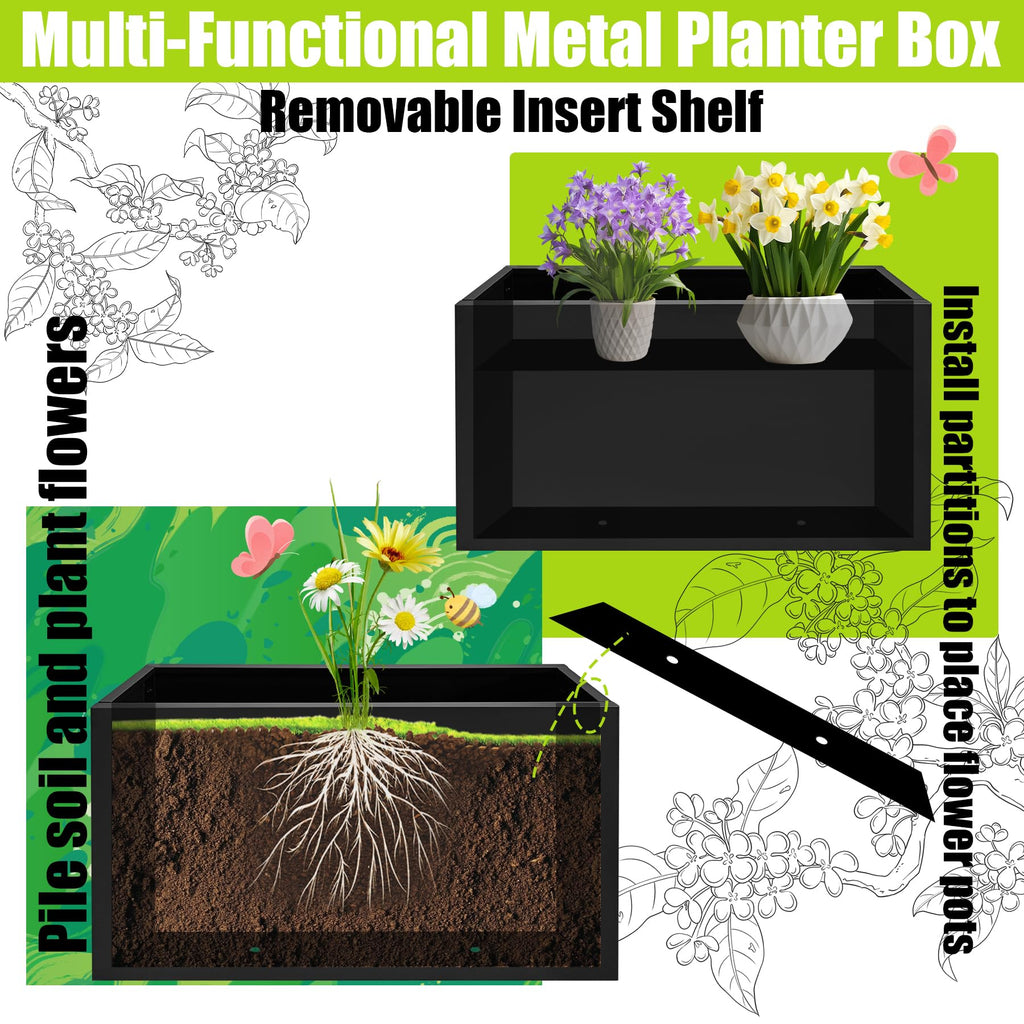 Metal Planter Box 38" x 10" x 30" Large Rectangular Planter Heavy Duty Galvanized Steel Tall Plant Boxes with Insert