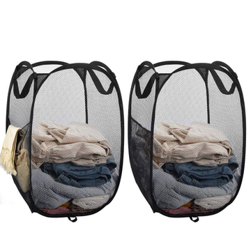 Mesh Popup Laundry Hamper, 2pcs Mesh Laundry Basket Collapsible with Side Pocket and Reinforced Handles, Solid Bottom