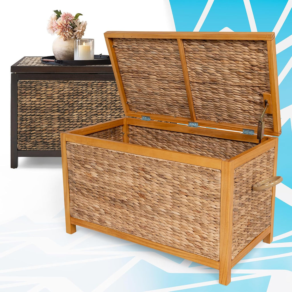 Wilson Wicker Storage Trunk with Lid, 30 Inch Handwoven Water Hyacinth Storage Chest with Acacia Wood Frame