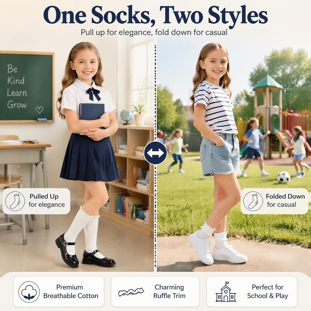 White Cute Frilly Turn Cuff School Uniform Sock 5Pairs