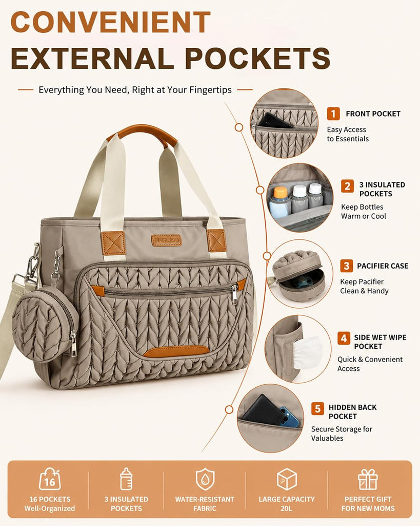 Diaper Bag Tote, Baby Shower Gifts for Mom Set (Brown Taupe)