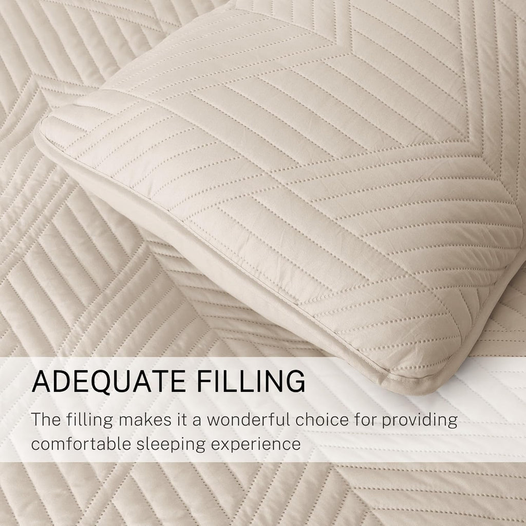 Ultrasonic King Quilt Bedding Set, Lightweight Brich Beige Bedspreads Soft Modern Geometric Coverlet Set for All