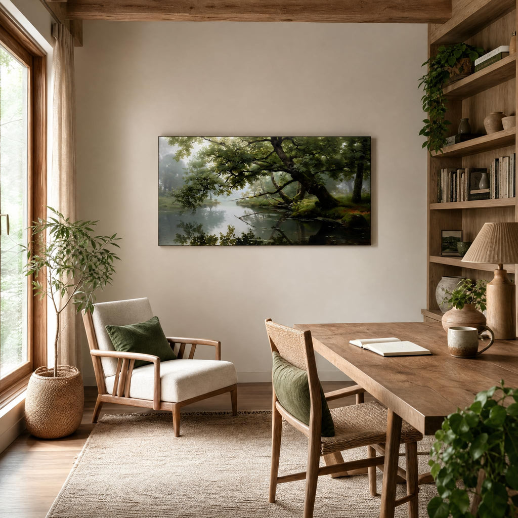 Serene Forest River Canvas Wall Art Misty Green Woods Landscape Painting Print Gallery Wrapped Calm Nature Picture