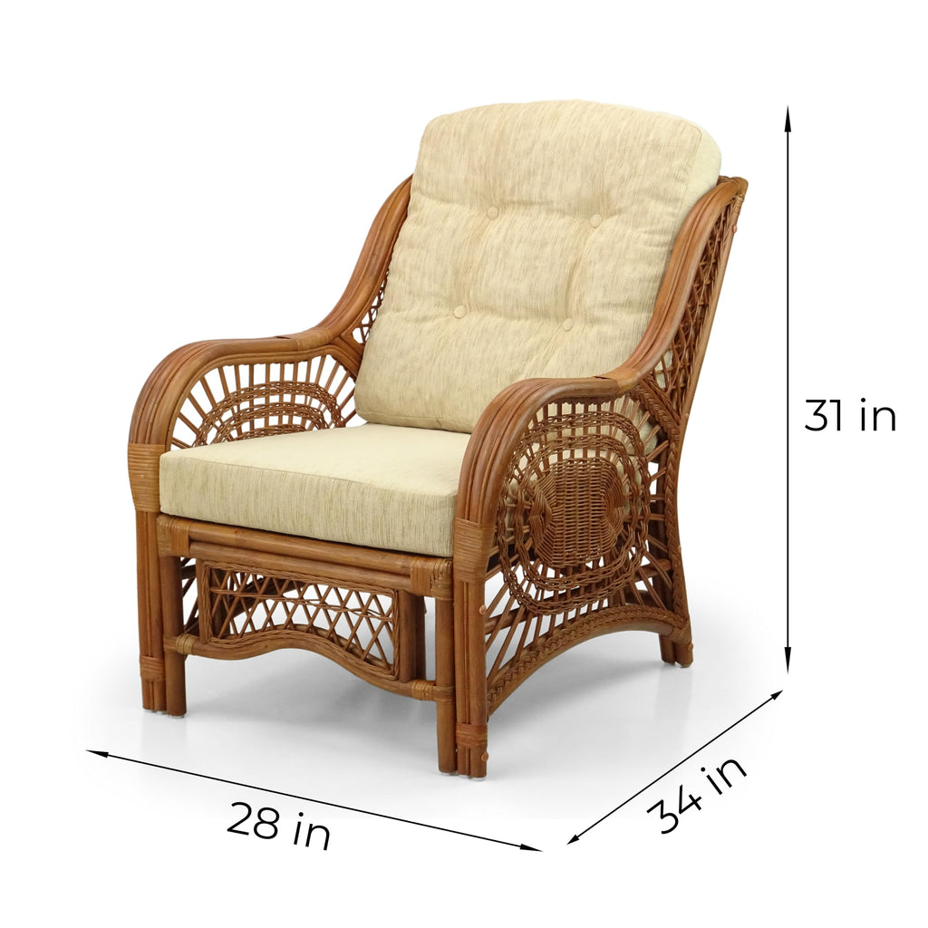 Malibu Lounge Living Accent Armchair Natural Rattan Wicker Handmade Design, Colonial with Cream Cushion