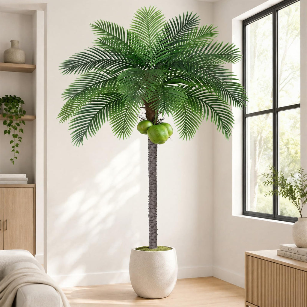 8ft Tall Artificial Phoenix Palm Tree with 3 Coconut Fruits, Large Fake Tropical Silk Tree Outside, Fake Tree Perfect