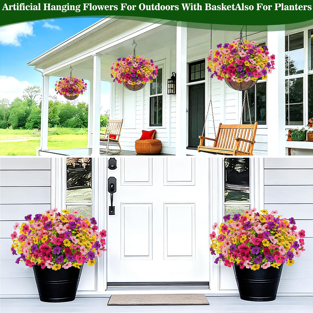 2 Sets Artificial Hanging Plants Flowers Basket Outdoor, Fake Hanging Plants 24 Pcs Flowers for Porch Patio Garden