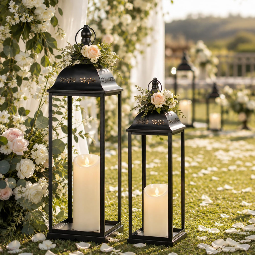 Large Candle Lanterns Set of 2, Black Lanterns Decorative Indoor Outdoor