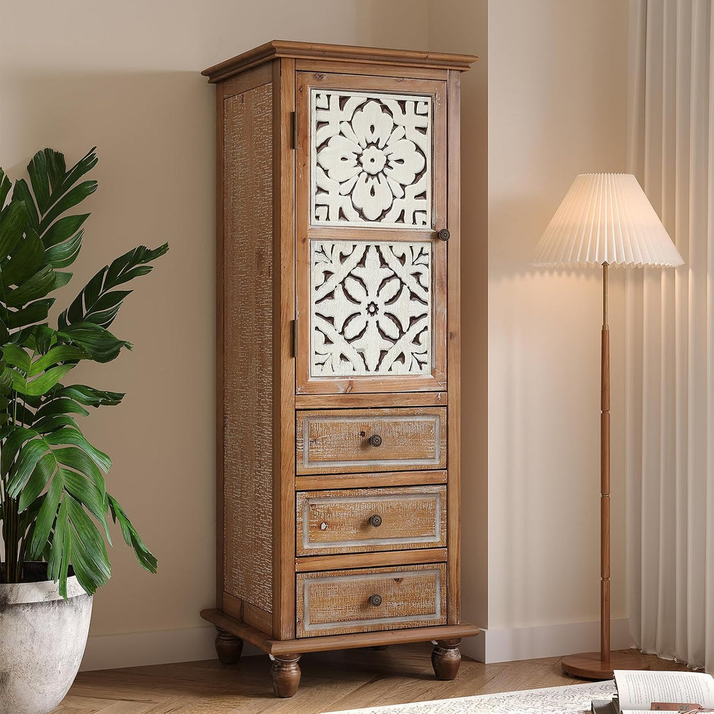 54" Distressed Solid Wood Freestanding Storage Chest, Accent Cabinets with Cutout Magnetic Door, Utility Organizer