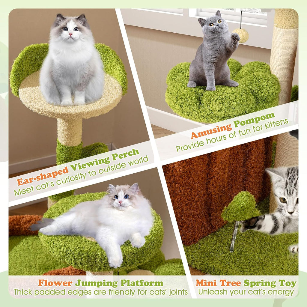 Cute Cat Tree Green Forest, 36 Inch Aesthetic Cat Tower with Sisal Scratching Posts & Board, Trunk Condo, Flower