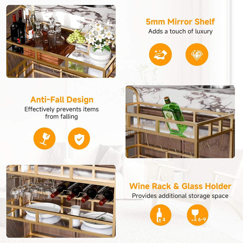 Gold Bar Carts with 3 Tier Mirror Shelves, Home Bar Cart with Wine Rack and Glass Holder, Perfect for Indoor and