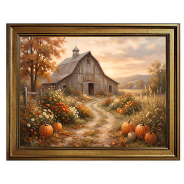 Retro Gold Frame Autumn Farmhouse Wall Art Rustic Barn Canvas Print Poster Pumpkin Field Landscape Painting Vintage