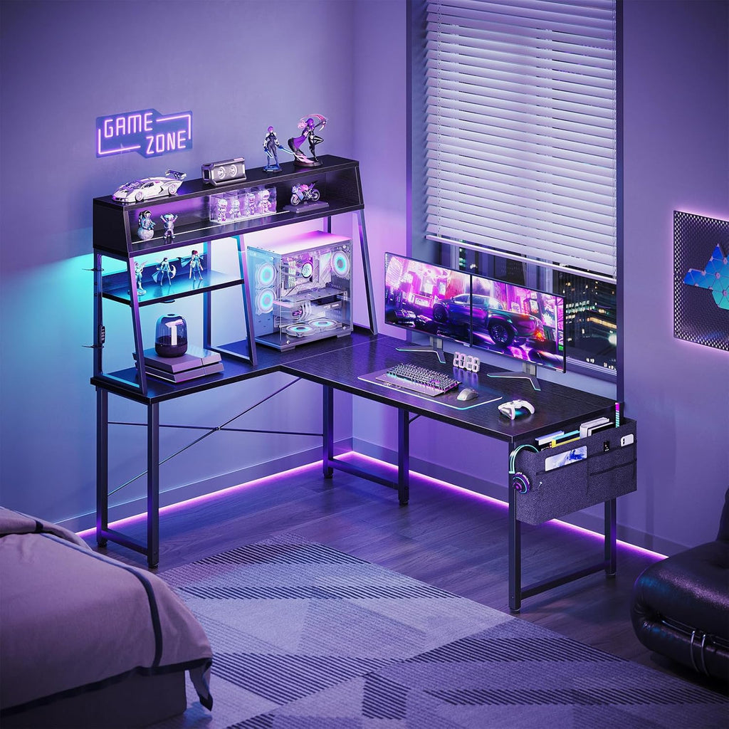 51 Inch L Shaped Gaming Desk with Display Shelves, LED Lights, Black | PC Tower Display Shelf, Display Hutch, Hanging