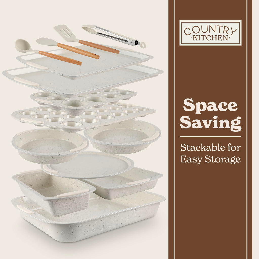Nonstick Stackable Bakeware Set - Durable, Easy Release Baking Set, Cream, 14 Pcs