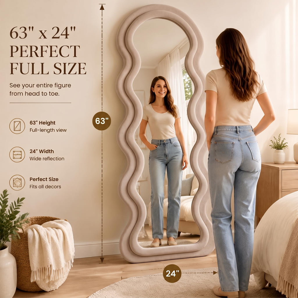 Full Length Mirror 63"x24", Irregular Wavy Mirror, Wave Arched Floor Mirror, Wall Mirror Standing Hanging or Leaning