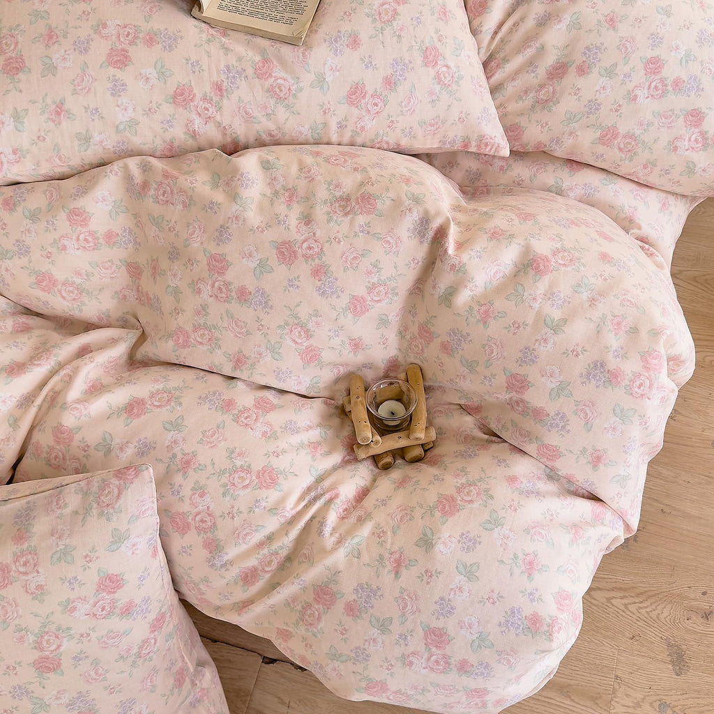 Vintage Floral Duvet Cover Set, Pink Flower Coquette Duvet Cover Muslin Cotton Gauze Bedding Set, Cottagecore