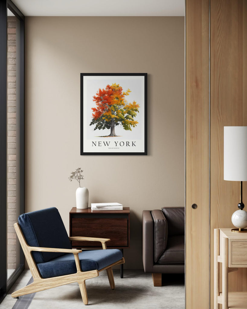 York Sugar Maple Tree Black Framed Poster Wall Painting, US State Print Artwork, Vintage Bathroom Living Room